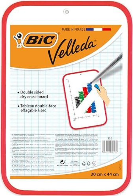 BIC VELLEDA Dry Wipe White Board 30 x 44cm Double-sided board, product packaging showing the dry erase board with a marker and graph illustrations. BIC VELLEDA Dry Wipe White Board 30 x 44cm Double-sided board, product packaging showing the dry erase board with a marker and graph illustrations.