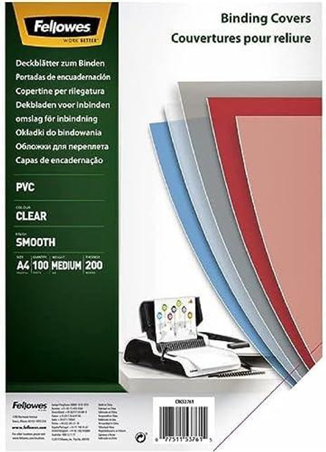 Fellowes A4 Binding Cover - 200 Microns PVC Binding Covers - Pack of 100 Binding Covers - Transparent, front view of several clear binding covers in red, blue, gray, and transparent colors for binding documents.