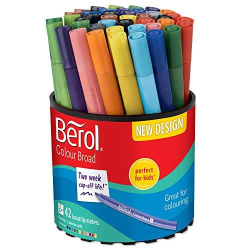 Berol Felt Tip Colouring Pens, Broad Point (1.2mm) in assorted colors with washable ink, 42 markers in a round tub. Berol Felt Tip Colouring Pens, Broad Point (1.2mm) in assorted colors with washable ink, 42 markers in a round tub.