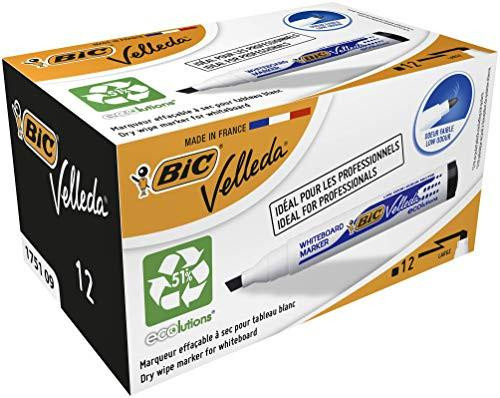 BIC Velleda 1751 ECOlutions Whiteboard Pens, Black, Box of 12 - Low-Odor Erasable Pens for Office or School, displayed in packaging showcasing the product and eco-friendly features. BIC Velleda 1751 ECOlutions Whiteboard Pens, Black, Box of 12 - Low-Odor Erasable Pens for Office or School, displayed in packaging showcasing the product and eco-friendly features.