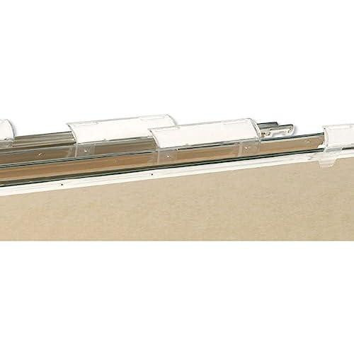 Elba Replacement Tabs for A4 Suspension Files, Rigid Plastic - Clear, Pack of 50, shown attached to a suspension file demonstrating their function. Elba Replacement Tabs for A4 Suspension Files, Rigid Plastic - Clear, Pack of 50, shown attached to a suspension file demonstrating their function.