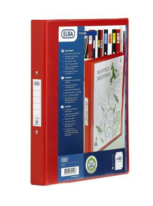 Elba 25mm A4 Bantex Vision 2-ring Binder - Red, front view showing the red binder with a clear cover displaying organizational features and colorful spine labels.