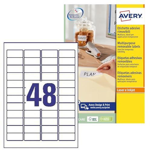 Avery L4736REV-25 Printable, Customisable Removable Mini Labels, 48 Labels Per A4 Sheet - White, 45.7 x 21.2 mm, shown on packaging with label sheet and application scene.