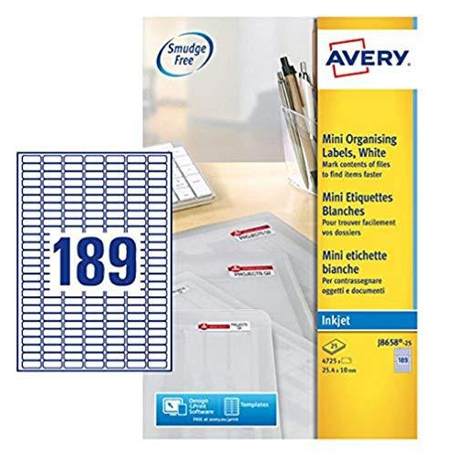 Avery J8658-25 Printable, Customisable Mini Filing Labels, 189 Labels Per A4 Sheet, White, packaging with sample mini labels, and office supplies in the background.