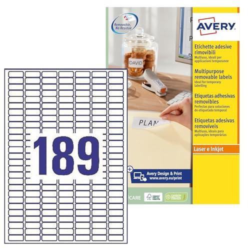 Avery L4731REV-25 Printable, Customisable Removable Mini Labels, 189 Labels Per A4 Sheet, White, sheet of 189 small rectangular removable labels with bold number 189 in blue.