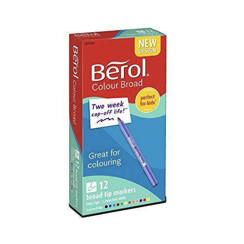 Berol Felt Tip Colouring Pens, Broad Point (1.2mm), Assorted Colours with Washable Ink, 12 Markers in a colorful box. Berol Felt Tip Colouring Pens, Broad Point (1.2mm), Assorted Colours with Washable Ink, 12 Markers in a colorful box.