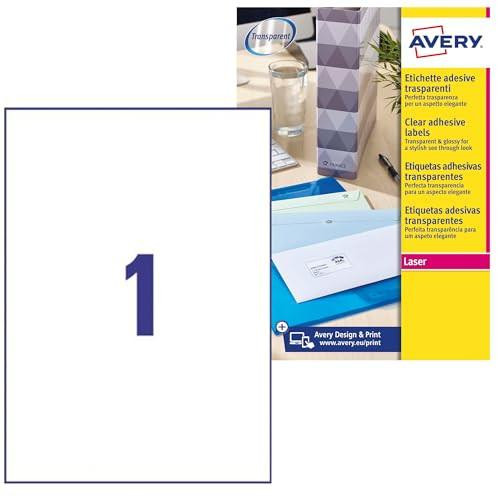 Avery Printable, Customisable Clear Parcel Shipping Labels, Laser Printers, 1 Label per A4 Sheet, 25 Labels, QuickPEEL (L7567) Transparent 210 x 297 mm L7567-25, product image showing a pack of transparent printable labels with one label visible on the sheet.