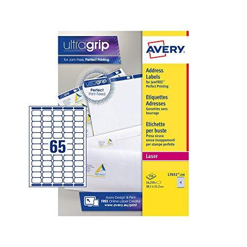 Avery Printable, Customisable Mini Organising Return Address Labels, Laser Printers, 65 Labels Per A4 Sheet, 16250 Labels, QuickPEEL (L7651), White, 250 Sheets, product packaging showing 65 address labels on sheet and branding details.