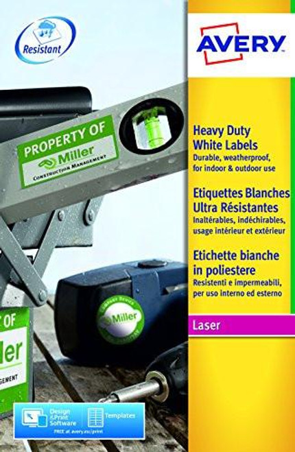 Avery L7068-20 Extra-Strong Adhesive Heavy Duty Weatherproof Labels, 2 Labels Per A4 Sheet, White, on a product package display.