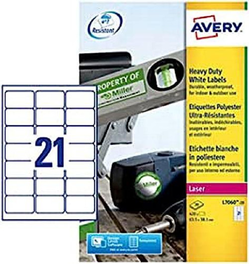 Avery L7060-20 Heavy Duty White Weatherproof Labels, 63.5 x 38.1mm, 21 Labels per A4 Sheet, Extra-Strong Adhesive for Indoor and Outdoor Use, featuring blister pack packaging and label sheet with 21 labels.