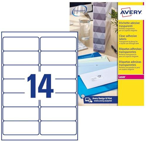 Avery Printable Customisable Clear Address Mailing Labels, Laser Printer Compatible, 14 Labels Per A4 Sheet, 350 Labels Total, QuickPEEL (L7563) with sheet diagram and packaging box.
