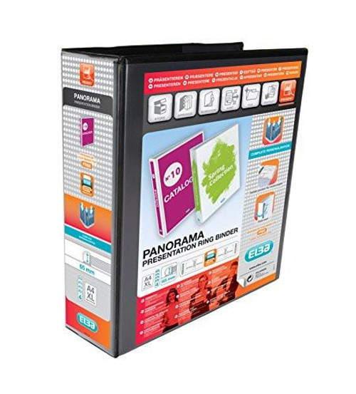 Elba A4 4 D-Ring Binder, 65mm capacity, 90mm spine, Presentation Folder with Customisable Cover, Portrait, Black (Pack of 4), packaging box with product details and images of binders.