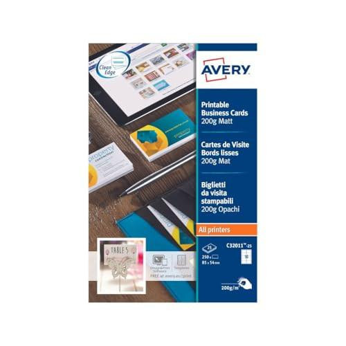 Avery Printable Single-Sided Business Cards, 10 Cards Per A4 Sheet, White, 250 Cards, C32011-25, on a wooden surface showing example business cards and printing layout.
