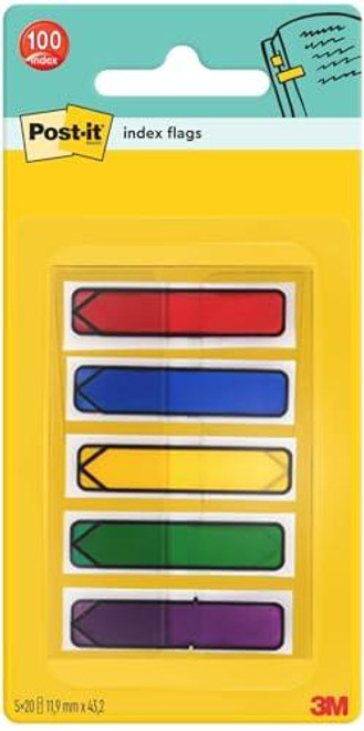 Post-it Index Arrow Flag, Assorted Colours - 11.9 mm x 43.2 mm, 100 Flags/Dispenser, 1 Dispenser/Pack, with five different coloured flags in yellow, red, blue, green, and purple for marking or highlighting important information.
