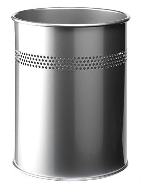 Durable Metal Round Waste Bin Silver 15 Litre Capacity, cylindrical waste basket with perforated ring, ideal for offices, schools, and home use.