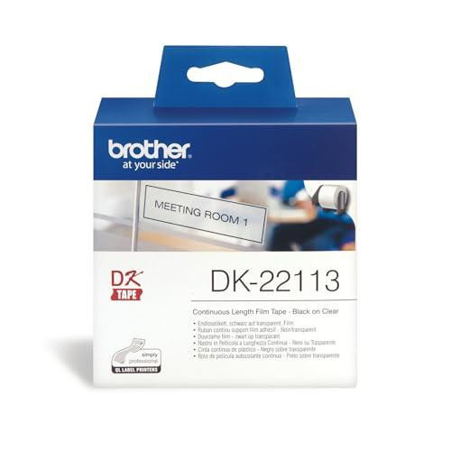 Brother DK-22113 - Clear - Roll (6.2 cm x 15.2 m) film for Brother label printers, showing a transparent label roll packaged in a blue and white box.