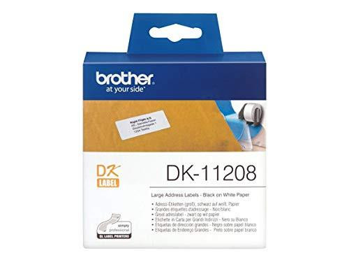 BROTHER DK-11208 Label Roll, Large Address Labels, Black on White, 400 Labels, 38 mm x 90 mm, Brother Genuine Supplies - product packaging with label specifications.