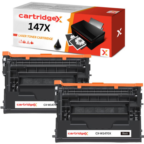 Cartridgex Compatible HP 147X Toner Cartridge 2-Pack (W1470X) – High-Yield Black – 25,200 Pages Each, image of two black toner cartridges with orange accents and a product box showing printer and printing images.