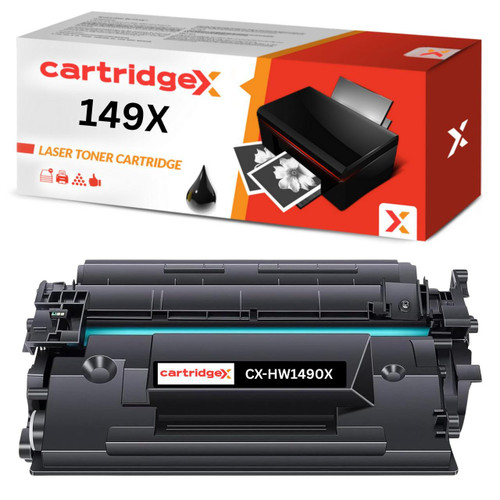 Cartridgex Compatible HP 149X (W1490X) Black Toner Cartridge, high yield with smart chip, 9,500 pages, black toner cartridge with packaging and printer compatible component. Cartridgex Compatible HP 149X (W1490X) Black Toner Cartridge, high yield with smart chip, 9,500 pages, black toner cartridge with packaging and printer compatible component.