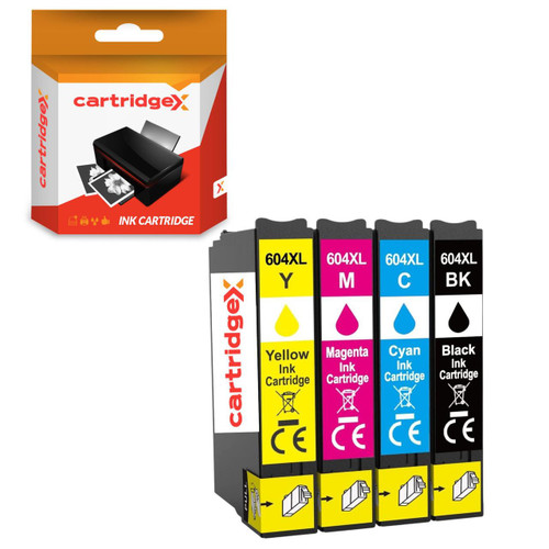 Cartridgex Compatible Epson 604XL Ink Cartridge 4-Pack for XP-2200, XP-2205, XP-3200, XP-3205, XP-4200, XP-4205, with yellow, magenta, cyan, and black ink cartridges in a retail box and individual cartridges showing color labels. Cartridgex Compatible Epson 604XL Ink Cartridge 4-Pack for XP-2200, XP-2205, XP-3200, XP-3205, XP-4200, XP-4205, with yellow, magenta, cyan, and black ink cartridges in a retail box and individual cartridges showing color labels.