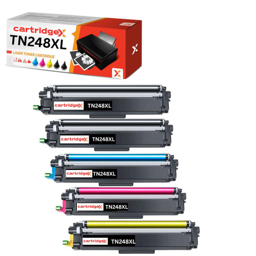 Cartridgex 5 Toner Cartridge Multipack Compatible with Brother TN248XL, image of five toner cartridges in black, cyan, magenta, yellow, and black colors, designed for use with Brother MFC-L3740CDW.