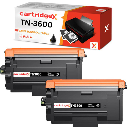 Cartridgex Compatible Brother TN3600 Toner Cartridge 2-Pack – Black, two toner cartridges with orange protective strips and black body, with packaging box in the background.