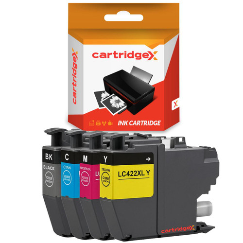 Cartridgex Compatible Brother LC422XL 4-Colour Ink Cartridge Multipack (BK/C/M/Y), maximum filled, with a black ink cartridge and color cartridges in cyan, magenta, and yellow, for printing.