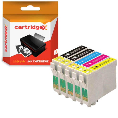 Cartridgex Compatible Epson 405XL High Capacity 4 Colour Ink Cartridge Multipack BK/C/M/Y + Extra Black, image of five ink cartridges in black, cyan, magenta, yellow, and extra black with packaging box.