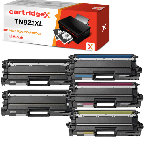 Compatible 5 Pack Toner Cartridge Set Replacement For Brother TN-821XL CMYK Plus Extra Black High Capacity