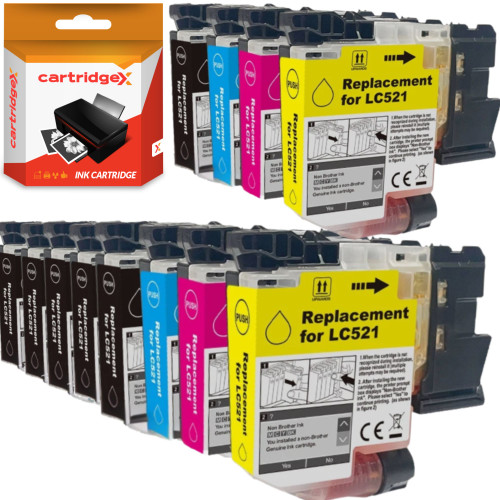 Cartridgex Compatible 12 Pack Ink Cartridge Set Replacement for Brother LC-521, image of ink cartridges in black, cyan, magenta, and yellow colors with packaging background.