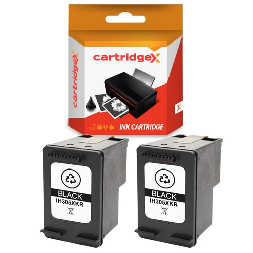 Cartridgex Compatible 2 Pack Black Ink Cartridge Replacement for HP 305XL 3YM62AE High Capacity, image of two black ink cartridges below the product packaging.
