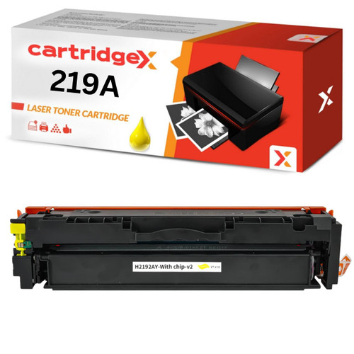 Cartridgex Compatible Yellow Toner Cartridge Replacement for HP 219A, image of the toner cartridge and its packaging.