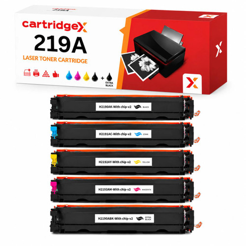 Cartridgex Compatible 5 Pack Toner Cartridge Set Replacement for HP 219A, image of black, cyan, yellow, magenta, and extra black toner cartridges along with packaging.