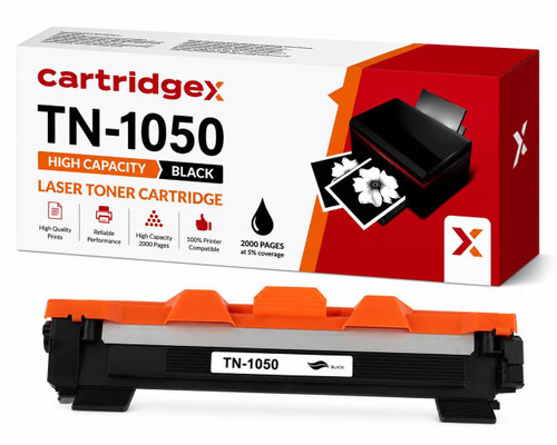 Cartridgex Compatible Black Toner Cartridge For Brother TN-1050 High Capacity, black toner cartridge with packaging box and printer print sample.
