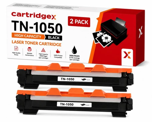 Cartridgex Compatible 2 Pack Black Toner Cartridges for Brother TN-1050, image of two replacement toner cartridges with orange and black design, and packaging box highlighting high capacity and compatibility features.