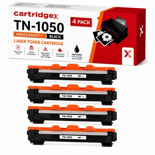 Cartridgex Compatible 4 Pack Black Toner Cartridges for Brother TN-1050, high capacity laser toner cartridges with four black toner cartridges displayed, suitable for high quality printing and reliable performance.