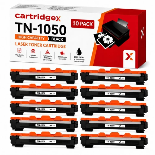 Cartridgex Compatible 10 Pack Black Toner Cartridges for Brother TN-1050 High Capacity, image of eight black toner cartridges with orange caps in front of packaging box.