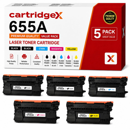 Cartridgex Compatible HP 655A Toner Cartridge Set Black Cyan Magenta Yellow with Extra Black, image of five toner cartridges in black, cyan, magenta, yellow, and extra black, and product packaging.