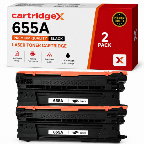 Cartridgex Compatible 2 Pack Black Toner Cartridges For HP 655A CF450A, black toner cartridges with packaging box and two toner cartridges stacked below.