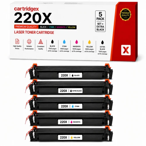 Cartridgex Compatible HP 220X High Capacity 5 Toner Set CMYK + Extra Black, image of black, cyan, magenta, yellow, and extra black toner cartridges for laser printers.