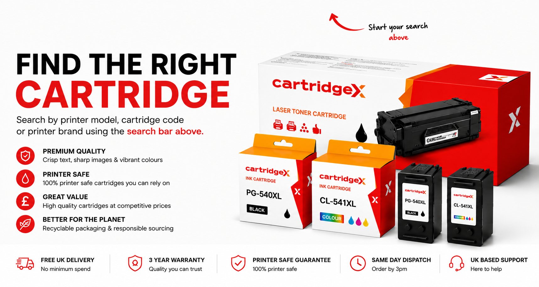 CartridgeX homepage banner featuring compatible ink and toner cartridges with free UK delivery, 3 year warranty, printer safe guarantee and same day dispatch for printer ink and toner supplies.