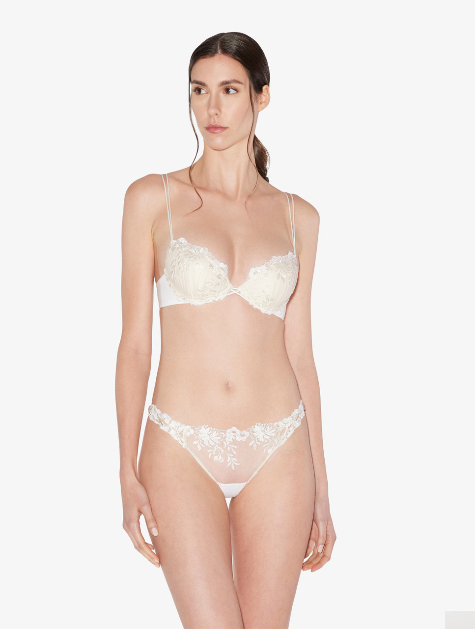 Bodysuit in off-white Lycra with embroidered tulle