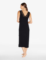Long Cashmere Blend Ribbed Nightgown in Onyx with Frastaglio_2