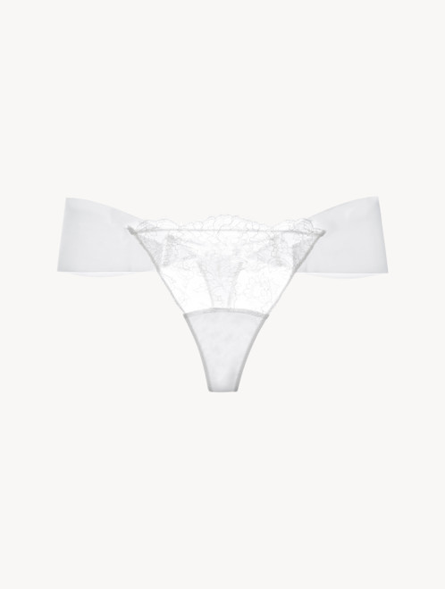 Thong in beige Lycra with embroidered tulle