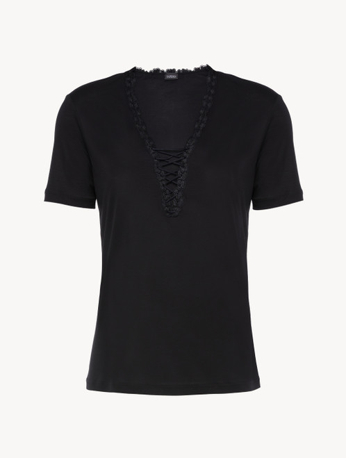 T-shirt in black modal with embroidered tulle_6
