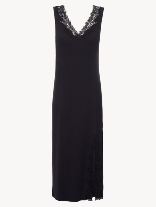 Long Cashmere Blend Ribbed Nightgown in Onyx with Frastaglio_0