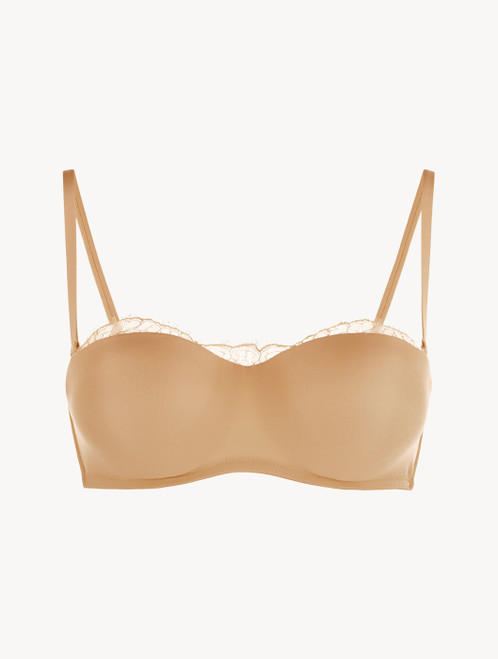 Nude Lycra strapless bandeau bra with Chantilly lace_0