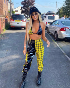 Pre Made ready for despatch Yellow tartan Half n Half - 2 piece cargo trousers & bikini top