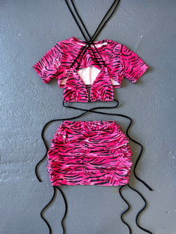 3 piece Hot Pink Tiger ruched skirt, bikini top and extreme crop