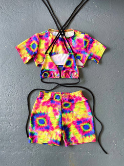 RAINBOW BURST 3 piece shorts with triangle bikini top